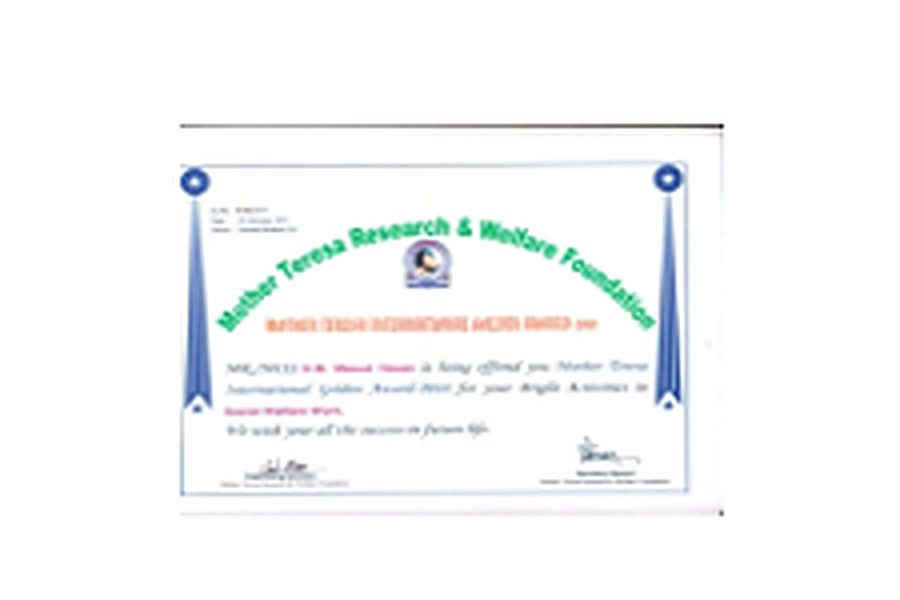 Mother Teresa Foundation of Bangladesh award certificate