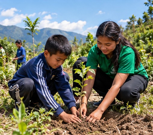 A seedling being planted to support a greener environment